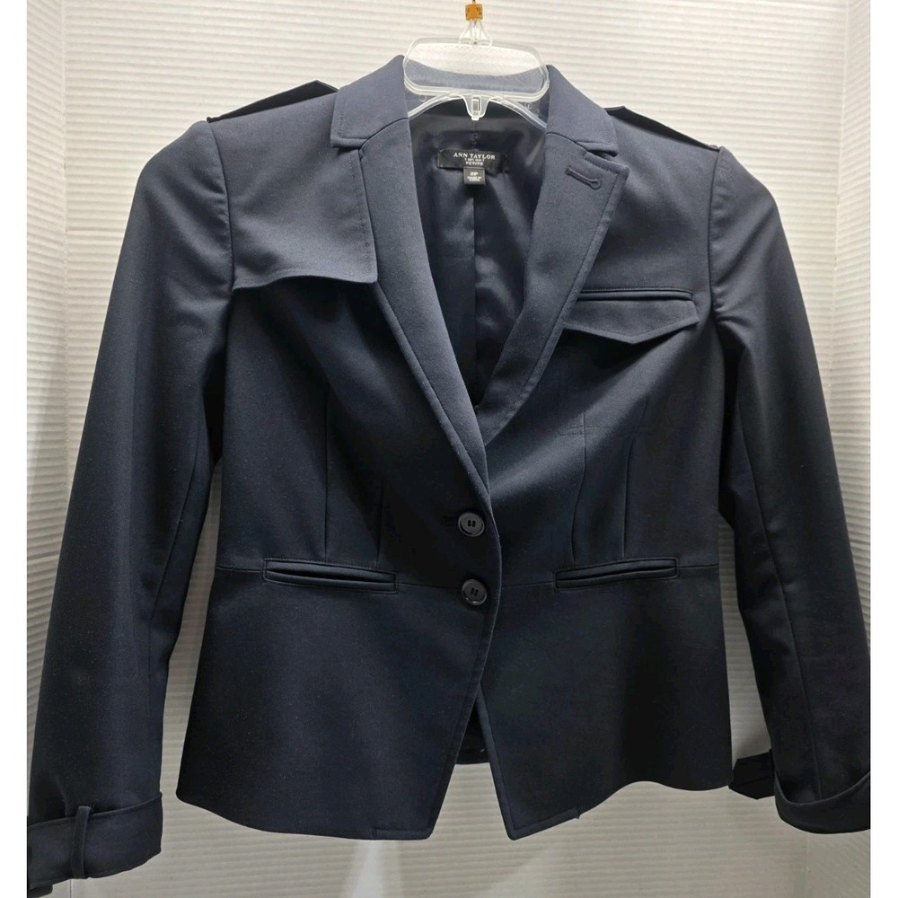 ANN TAYLOR Single Breasted Blazer Womens 2P Lapel Neck Long Sleeve Buckle Blue‎